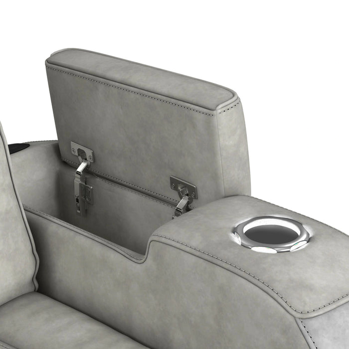 Prime Time P3 Sofa with DDT, 3.0 Table, 7 Colors (LED and Cup Holders), Reading Light, Vibration, speaker, and Heat Massage in Leather Gel Light Grey