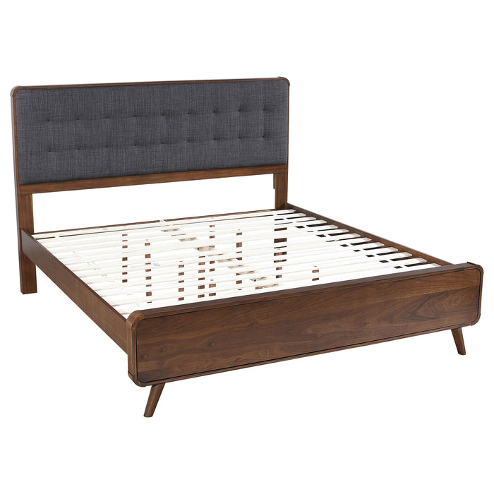 Robyn California King, E.King, & Queen Bed with Upholstered Headboard Dark Walnut