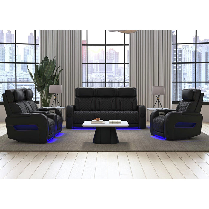 Prime Time P3 Loveseat with LED, wireless charger pocket, and Console in Jett Black with Red Stitching