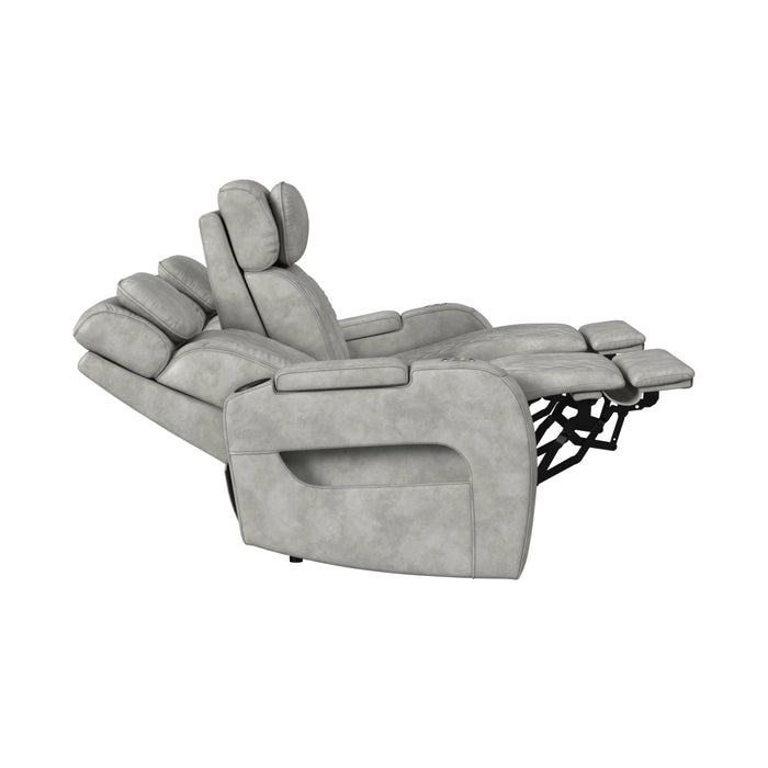 Prime Time P3 Sofa with DDT, 3.0 Table, 7 Colors (LED and Cup Holders), Reading Light, Vibration, speaker, and Heat Massage in Leather Gel Light Grey