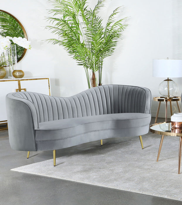 Sophia Upholstered Loveseat with Camel Back Grey and Gold