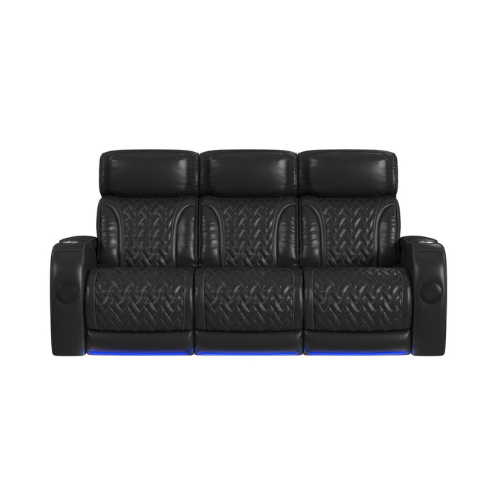 Prime Time P3 Sofa with I Table, reading light, heat, massage, LED, and speaker in Jett Black with Red Stitching
