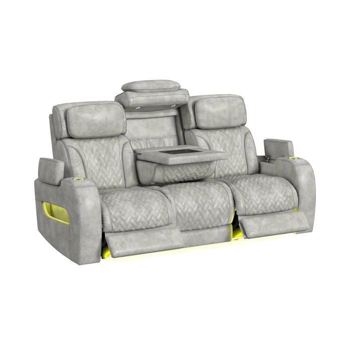 Prime Time P3 Sofa with DDT, 3.0 Table, 7 Colors (LED and Cup Holders), Reading Light, Vibration, speaker, and Heat Massage in Leather Gel Light Grey