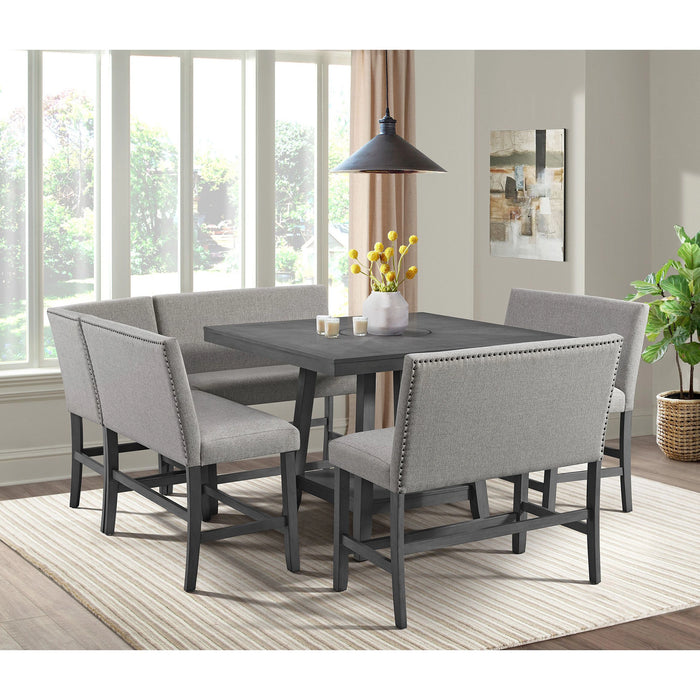Seneca Counter Bench with Upholstered Back and Grey Fabric