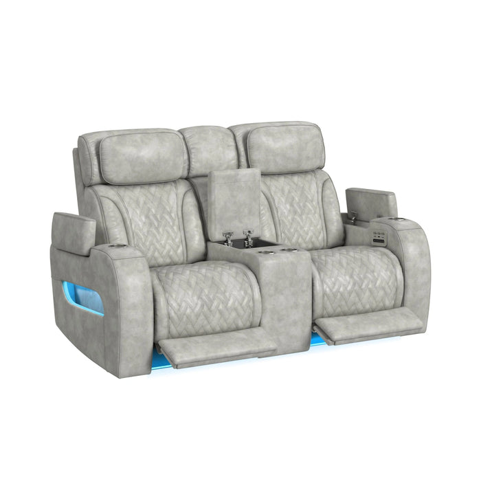 Prime Time P3 Loveseat with Console, 7 Colors LED, Cup Holders and Wireless Charger Controller in Leather Gel Light Grey