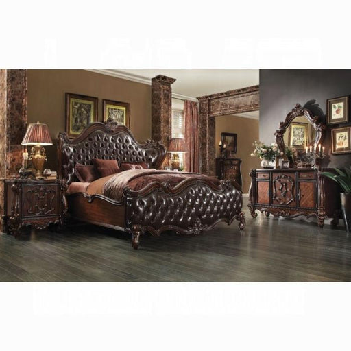 Versailles 2-Tone Dark Brown PU & Cherry Oak Eastern King Bed - In Home Furniture (San Antonio, TX)