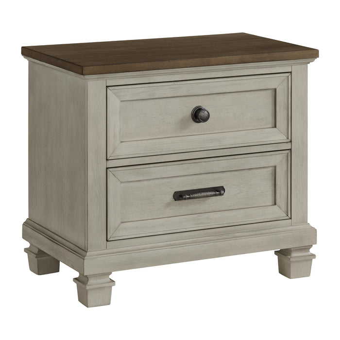 Farmington 2-Drawer Nightstand with USB in Medium Brown and Washed Stone - In Home Furniture (San Antonio, TX)