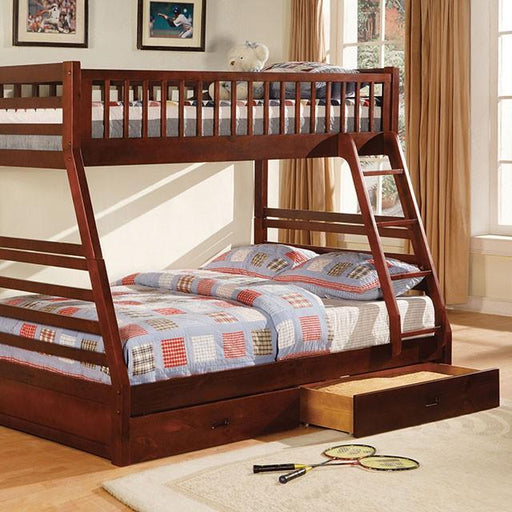 California II Cherry Twin/Full Bunk Bed w/ 2 Drawers Cherry, Walnut, Grey, &Oak - In Home Furniture (San Antonio, TX)
