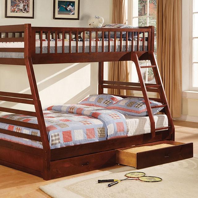 California II Cherry Twin/Full Bunk Bed w/ 2 Drawers Cherry, Walnut, Grey, &Oak
