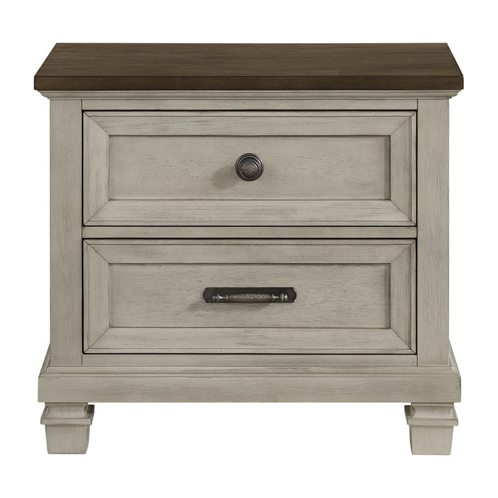 Farmington 2-Drawer Nightstand with USB in Medium Brown and Washed Stone - In Home Furniture (San Antonio, TX)