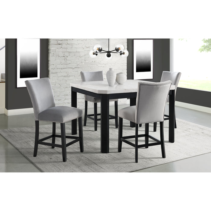 Francesca White Marble Square 5PC Counter Height Dining Set-Table & Four Grey Velvet Chairs - In Home Furniture (San Antonio, TX)