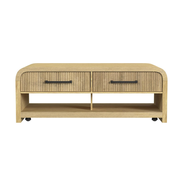 Ridgemont Coffee Table with Casters/Push Through Drawer in Natural