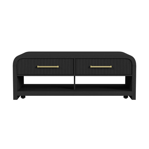 Ridgemont Coffee Table with Casters/Push Through Drawer in Black with Grain - In Home Furniture (San Antonio, TX)
