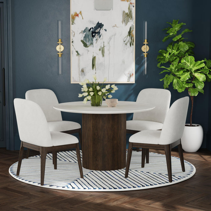Sylvie Round Dining Table with White Faux Marble Top in Dark Brown - In Home Furniture (San Antonio, TX)