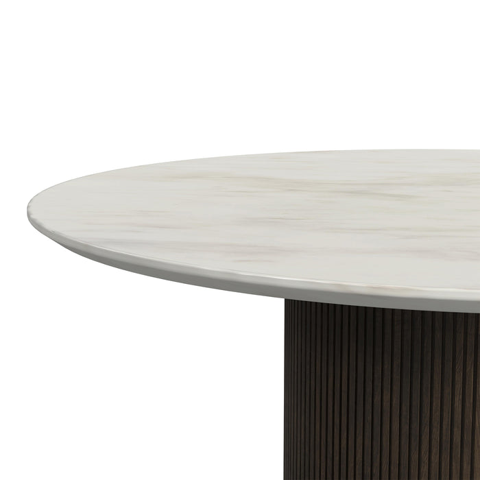 Sylvie Round Dining Table with White Faux Marble Top in Dark Brown - In Home Furniture (San Antonio, TX)