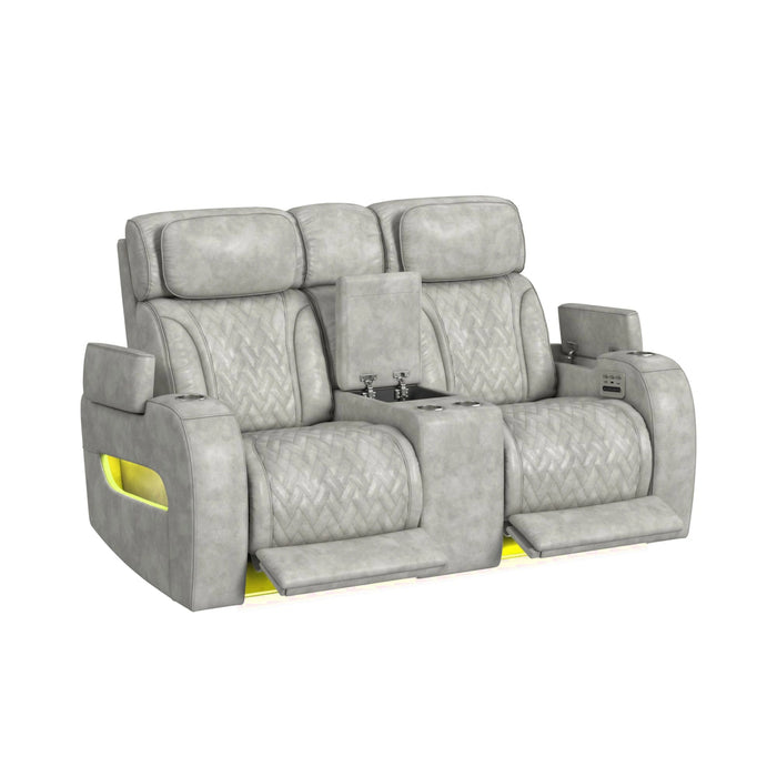 Prime Time P3 3PC Living Room Set with 7 Colors LED in Leather Gel Light Grey-Sofa, Loveseat & Recliner