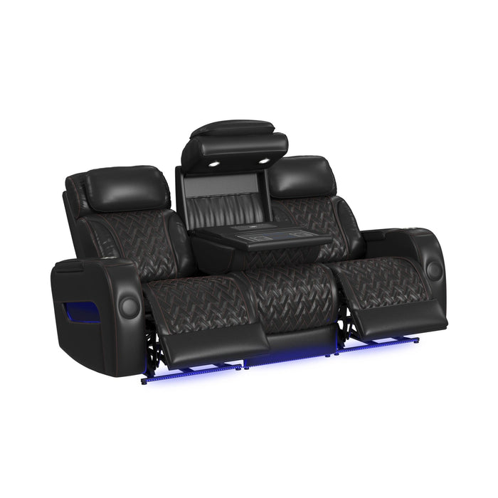 Prime Time P3 Sofa with I Table, reading light, heat, massage, LED, and speaker in Jett Black with Red Stitching