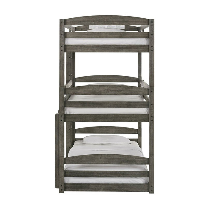 Elements International Trey Twin Over Twin Over Twin Bunk Bed in Wire Brushed Grey